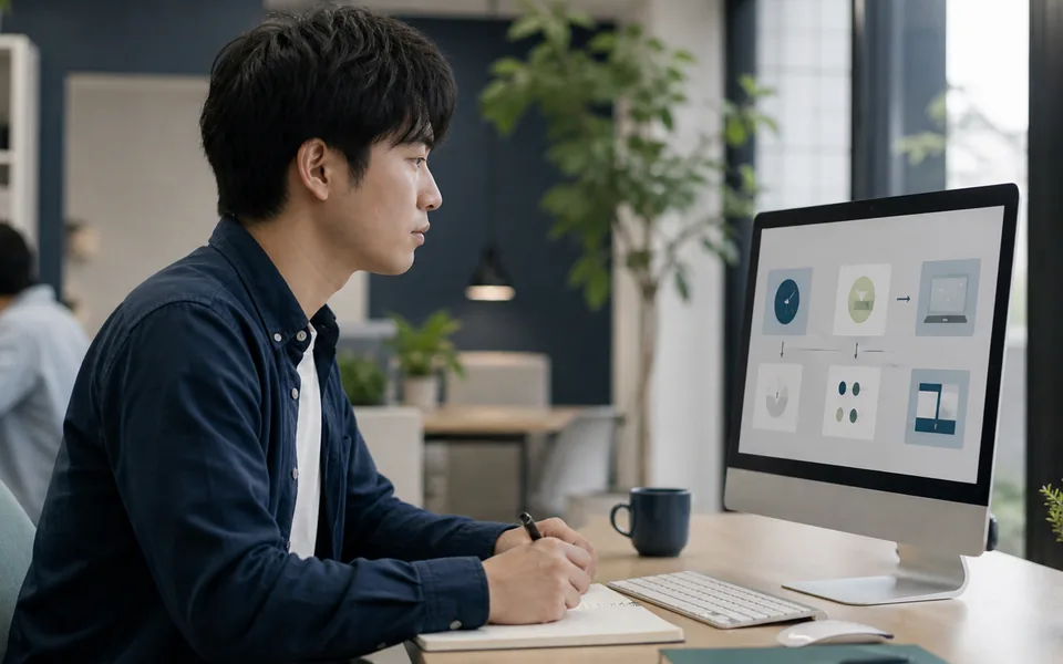 画面の教材を見ながら、最初の手順を確認するイメージ
