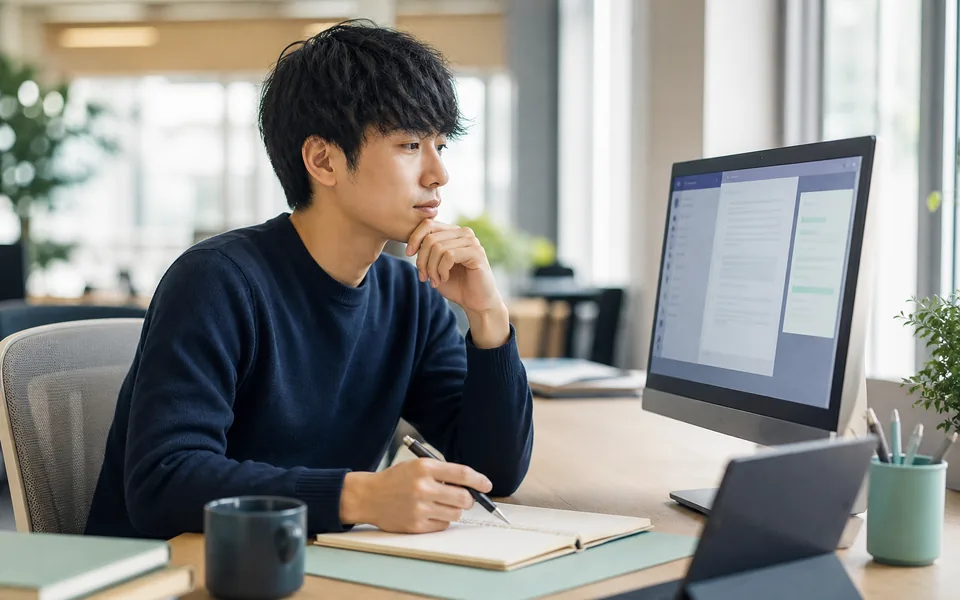AIとメモを使いながら作業を確かめるイメージ